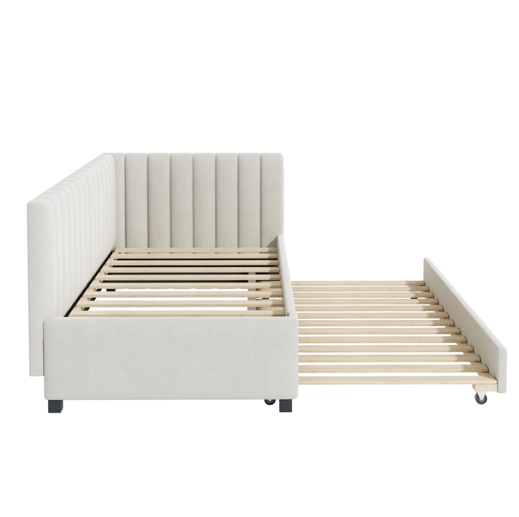 Letto singolo imbottito 90×200 cm beige con letto estraibile e rete a doghe