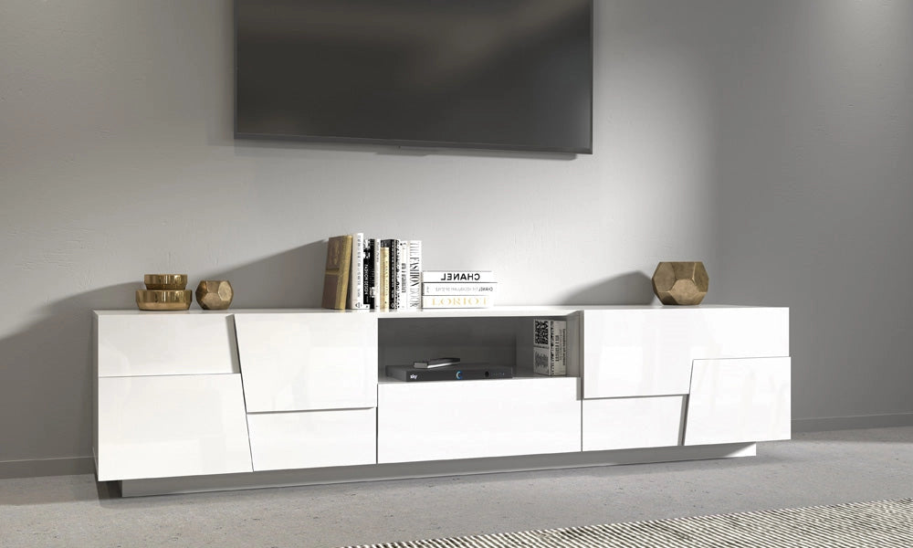 Porta TV PONGO 220 cm - Mobile Moderno con 4 Ante, Vano a Giorno e Cassetto Scorrevole