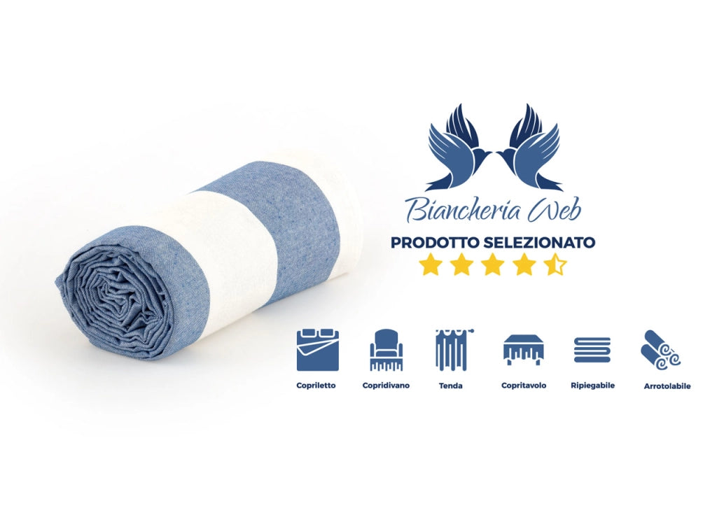 Telo Arredo Granfoulard Copritutto Cotone Made Italy Vari Disegni Arredatutto Copriletto Multiuso - 1 Piazza - Riga Fascia Blu