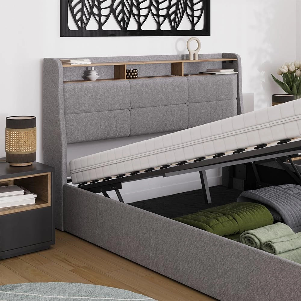 Letto imbottito Christin, Grigio/quercia, 160x200 con LED, porta USB e materasso