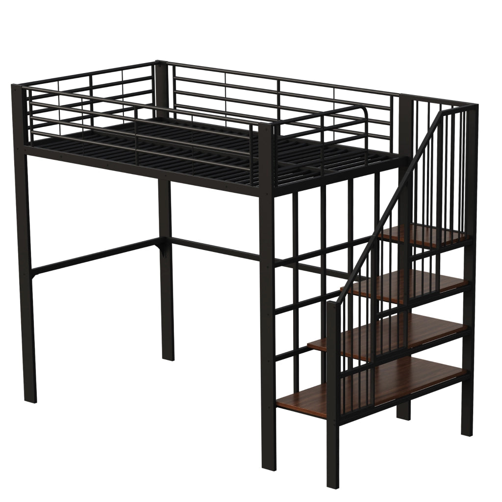 Letto a soppalco 140x200 in metallo con scala integrata e spazio contenitivo sottostante