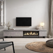 Mobile TV Soggiorno, 288x35x57cm, TV di grande formato, Camino elettrico XXL, Design industriale, grigio cemento RF3620