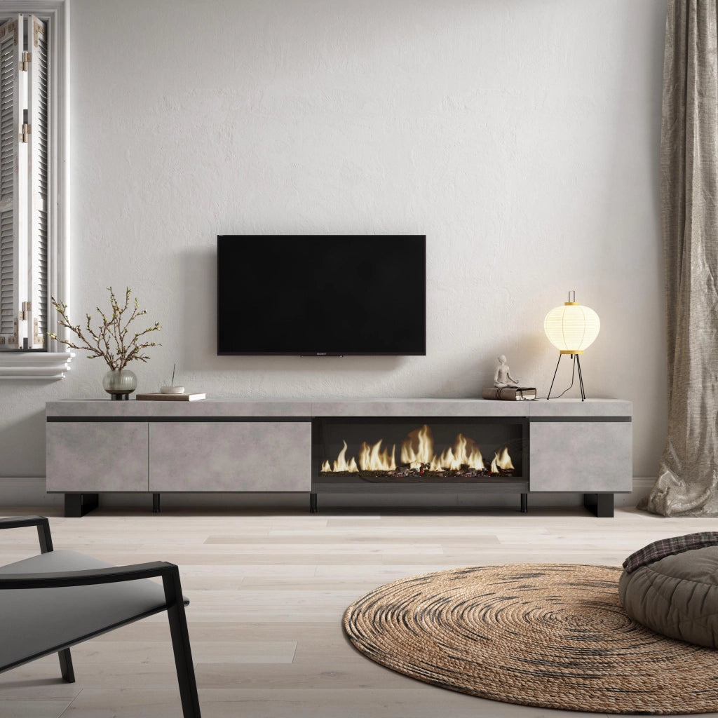 Mobile TV Soggiorno, 288x35x57cm, TV di grande formato, Camino elettrico XXL, Design industriale, grigio cemento RF3620