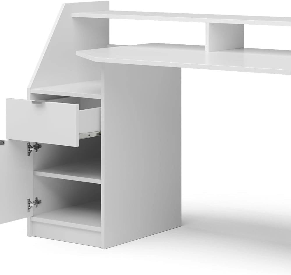 Scrivania computer Joel, Bianco, 179.8 x 65.5 cm, con ripiani per accessori e supporto rialzato per monitor