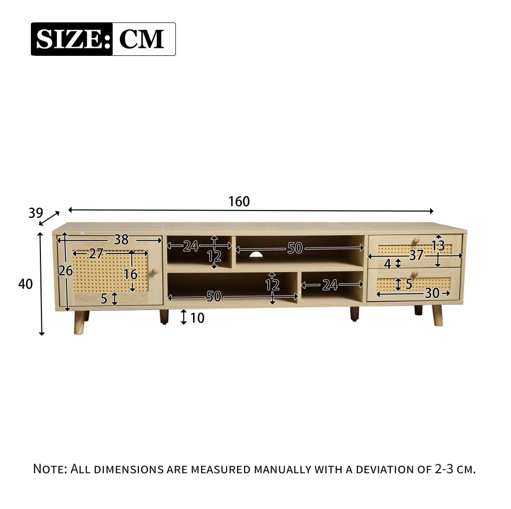 Mobile TV 160 cm effetto rovere con rattan, 2 cassetti e anta