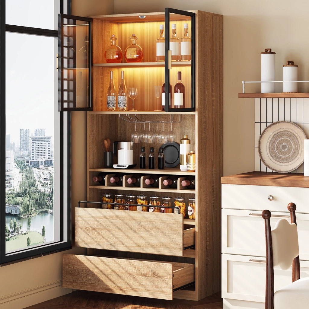 Mobile con ante in vetro; LED e cassetti - per bagno - in MDF - naturale - 180 cm