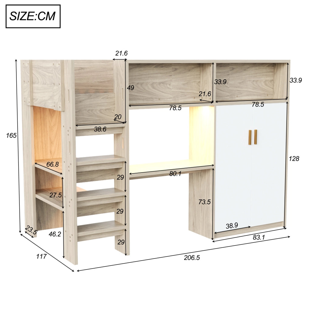Hochbett multifunzionale 90x200 cm in legno naturale con scrivania; armadio; scaffali e LED