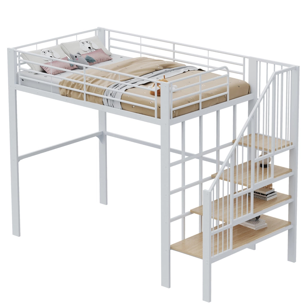 Letto a soppalco 140x200 cm in metallo bianco con scala