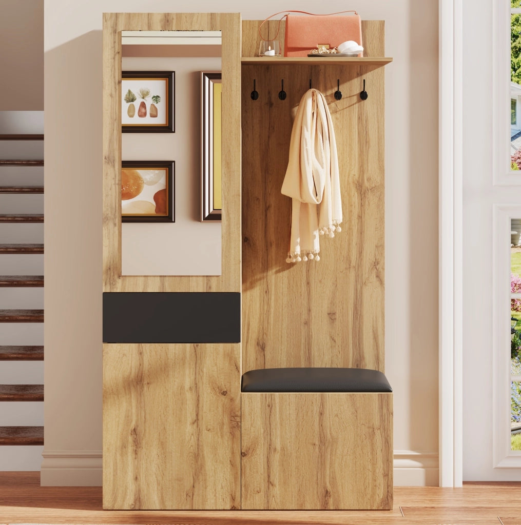 Mobile da ingresso 98，5x38x191 cm in MDF nero e legno con specchio