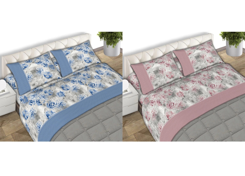 Completo Lenzuola Letto Matrimoniale 100% Cotone Made Italy Dis. Sonia CN - 2 Piazze - Azzurro