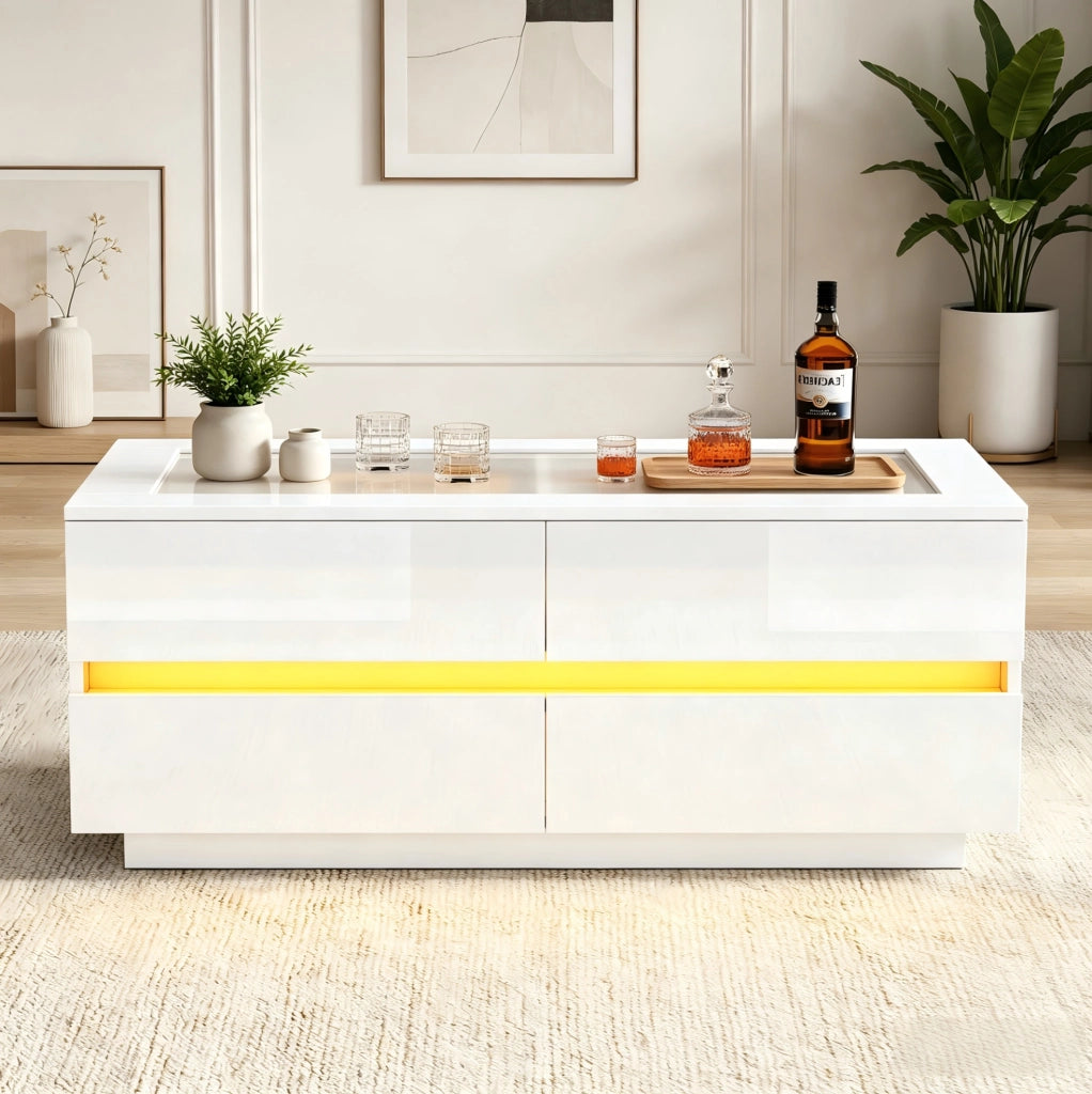 Tavolino da caffè bianco moderno 100x50x40 cm con 4 cassetti, illuminazione LED e piano in vetro temperato