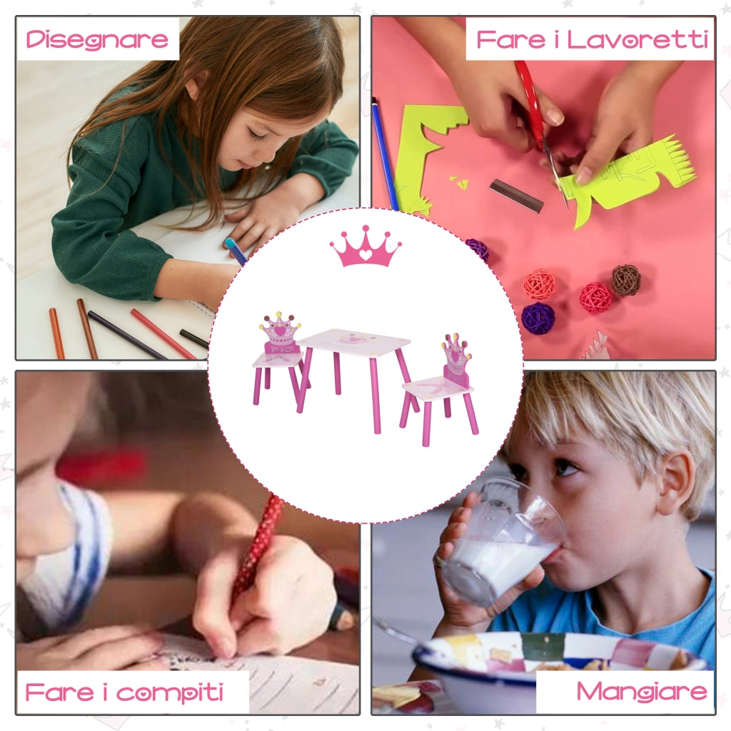 Set Tavolo e 2 Sedie Bambini ¨C zephmum ¨C Legno Rosa con Schienale a Corona