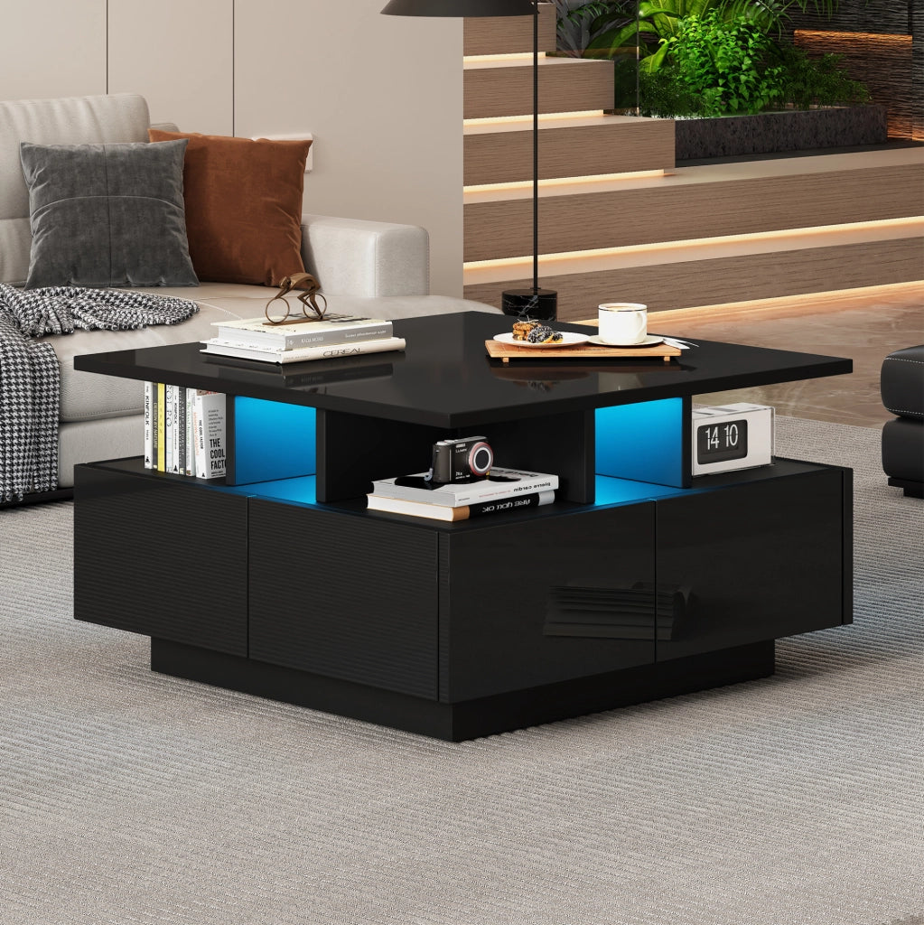 Tavolino da caffè quadrato 70x70x40 cm con 4 cassetti; LED; nero