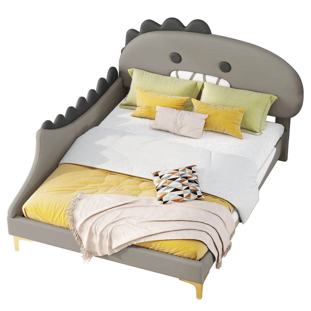 Letto basso per bambini grigio con testiera a forma di dinosauro in PU 140x200 cm