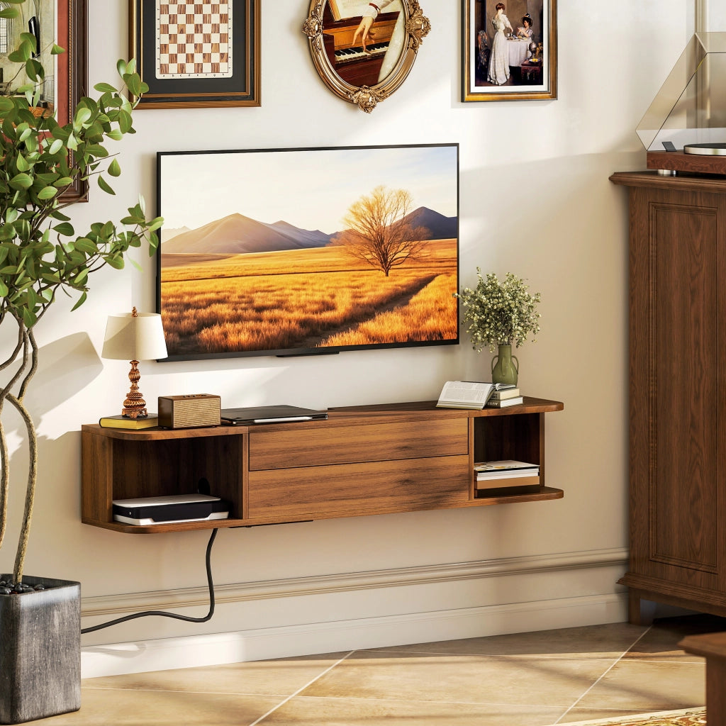 Mobile TV Sospeso con Cassetto, Ripiani e Prese ¨C zephmum ¨C Noce, 120x24x22.4 cm