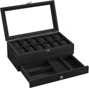 Cassettiere orologio in legno massello con 12 compartimenti, coperchio in vetro e cuscino orologio, contenitore per gioielli, regalo per i tuoi cari, nero JOW012B02