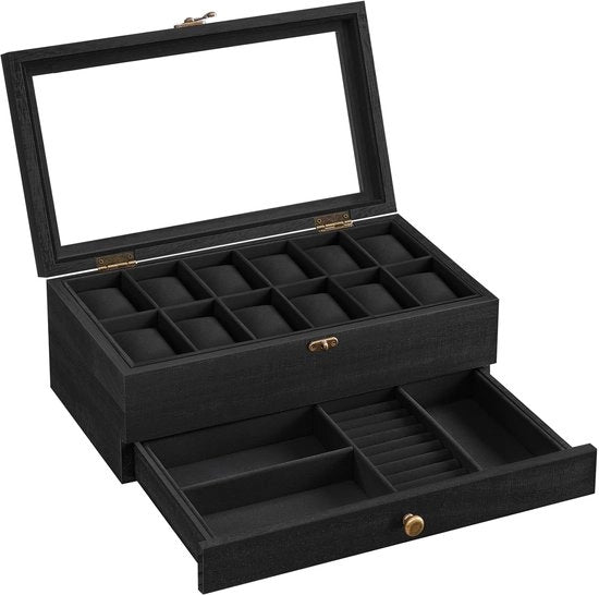 Cassettiere orologio in legno massello con 12 compartimenti, coperchio in vetro e cuscino orologio, contenitore per gioielli, regalo per i tuoi cari, nero JOW012B02