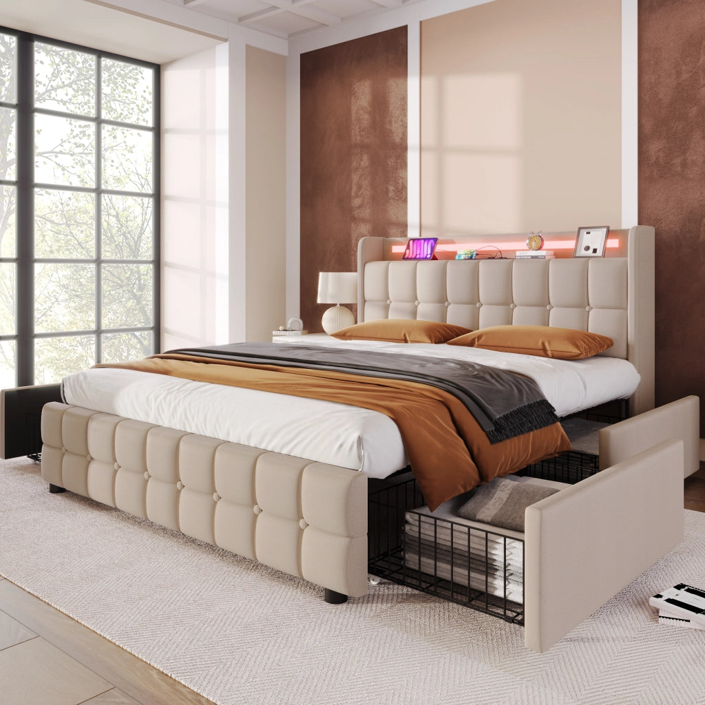 Letto Imbottito con LED, USB e Cassetti ¨C MINIMAL ¨C Matrimoniale 140x200, Beige