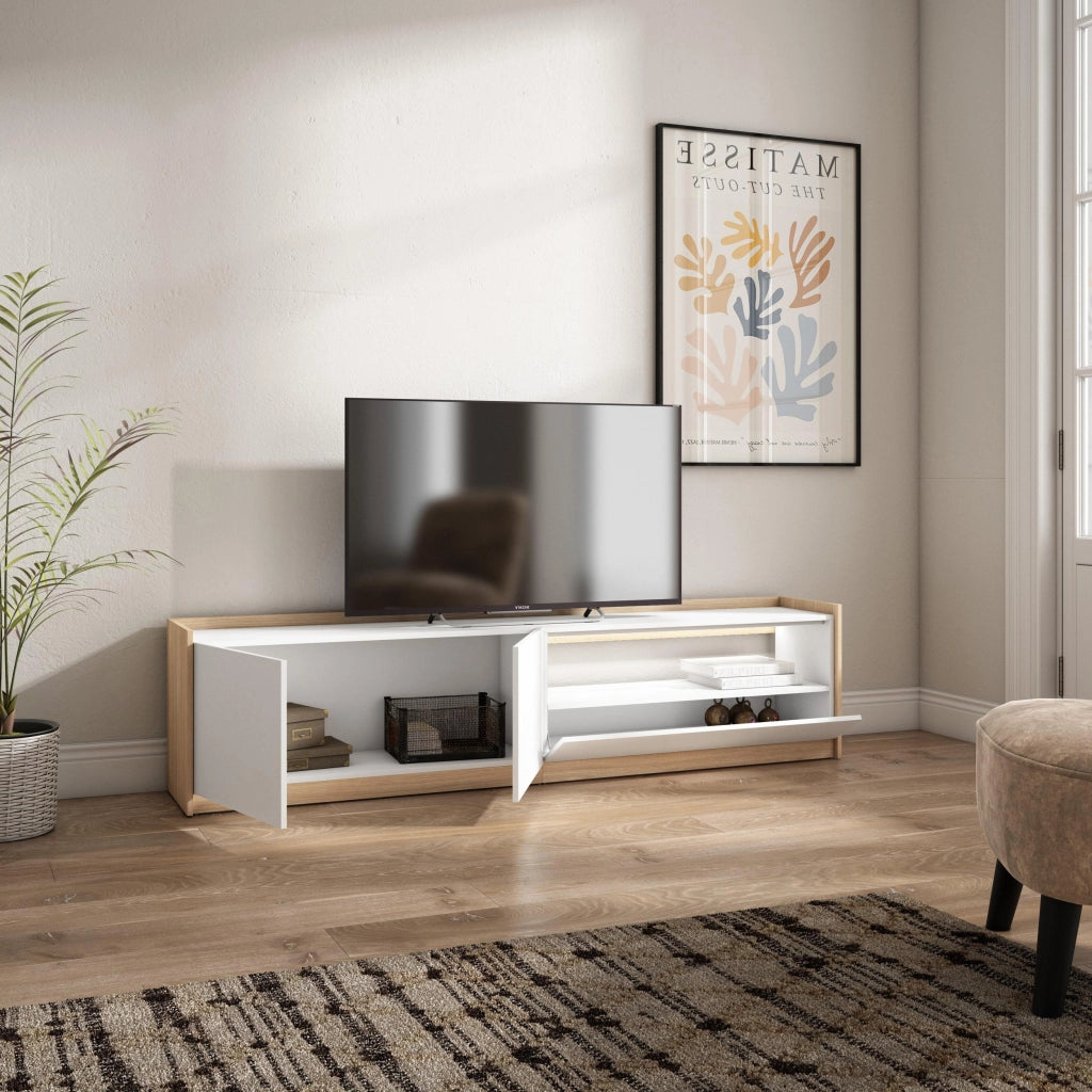 Mobile TV Soggiorno, 207x50x37 cm, Per TV fino a 80", LED, Bianco e Rovere soft