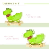 Cavallo a Dondolo con Ruote, Cavalluccio a Dondolo a Forma di Drago per Bambini 18-36 Mesi, in Legno e Peluche Verde
