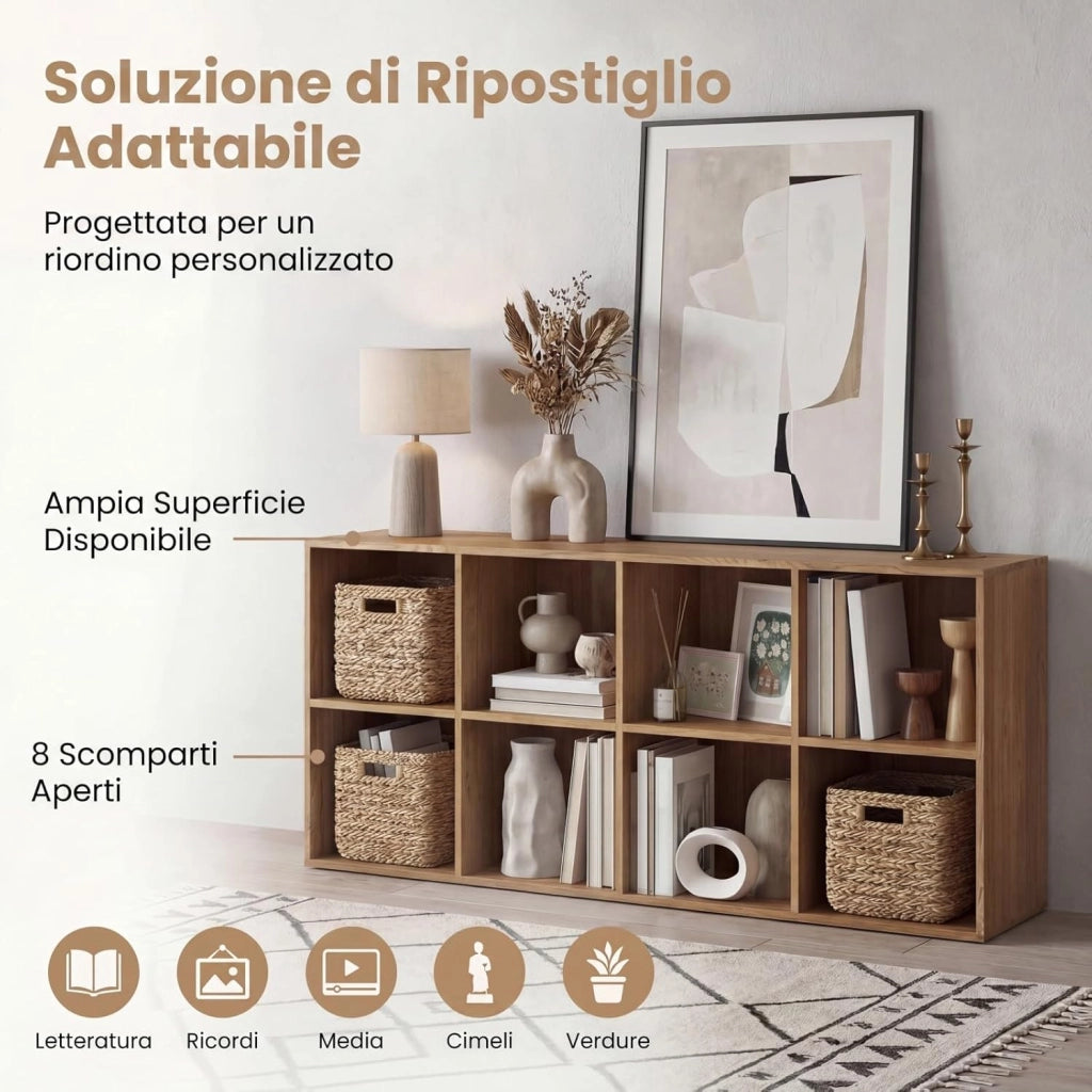 Libreria Basso a 8 Scomparti Aperti, 121,5 X 29 X 61 CM, Scaffale Libreria in legno con Dispositivi Antiribaltamento, Carico 180 KG, Espositore Salvaspazio per Soggiorno, Ufficio