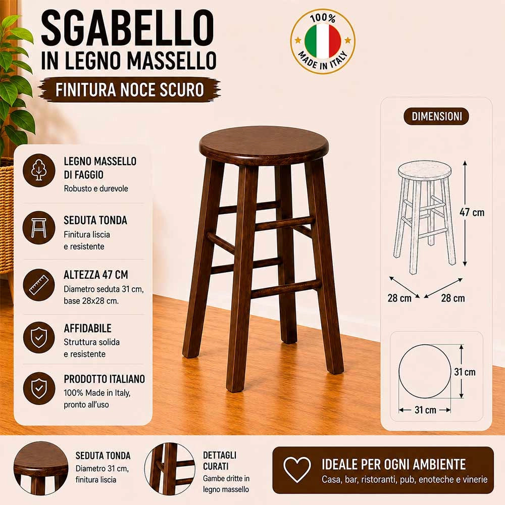 Sgabello con seduta rotonda  h 47cm  color noce scuro gamba dritta