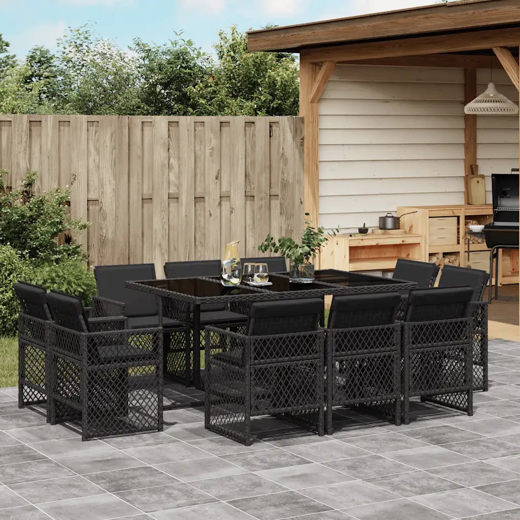 Set da Pranzo da Giardino 11 pz con Cuscini in Polyrattan Nero