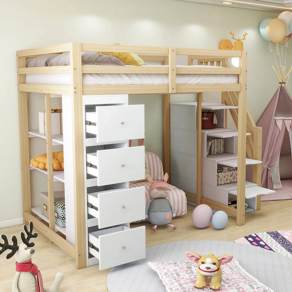 Letto a soppalco 140x200 cm - Xylo - Con cassetto e comodino, colore legno