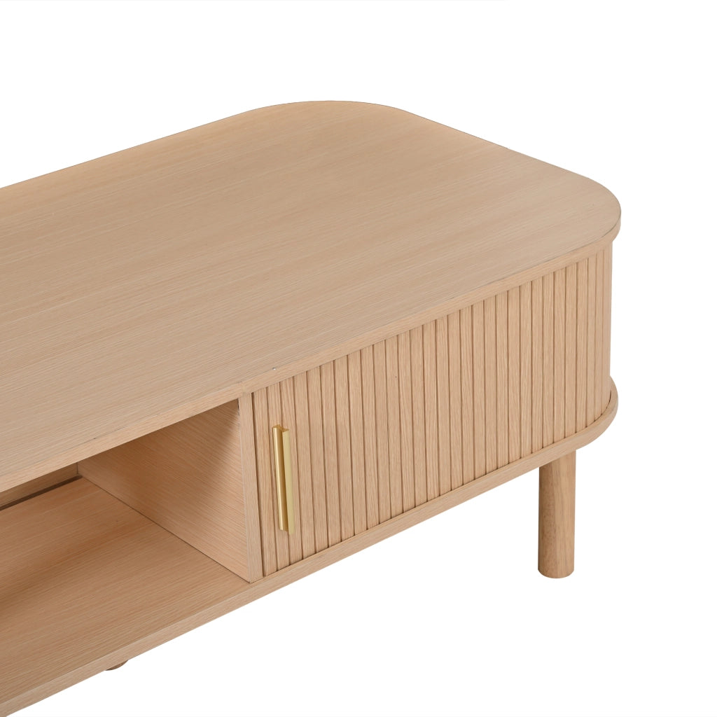 Tavolino, in MDF, con ante scorrevoli e ripiani a vista, 110 x 55 x 45 cm, color legno naturale