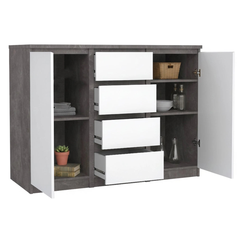 Credenza Angelika, Buffet da soggiorno, Madia da salotto, Dispensa da cucina, 121x50 h91 cm, Cemento e Bianco lucido