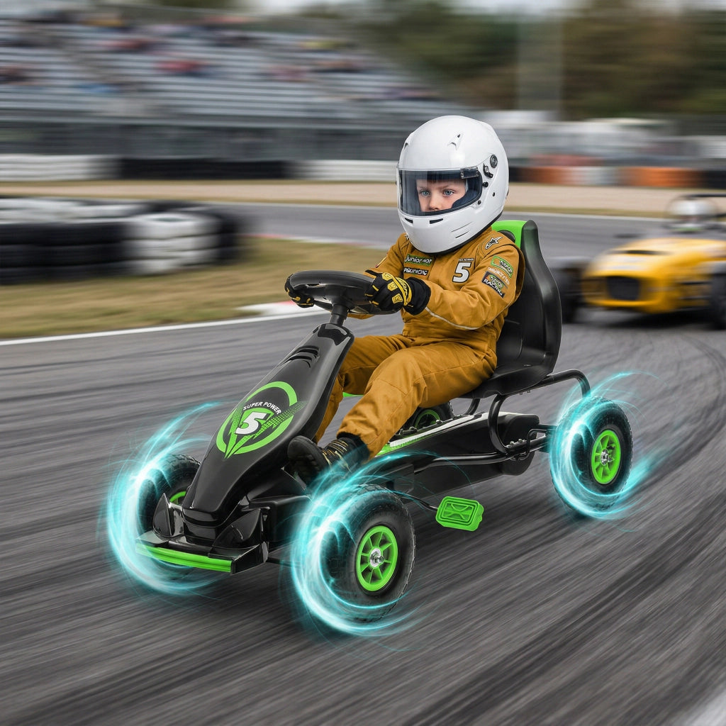 Go Kart a Pedali per Bambini 5-12 Anni con Sedile Regolabile. in Metallo e PP 121x58x61 cm. Verde e Nero