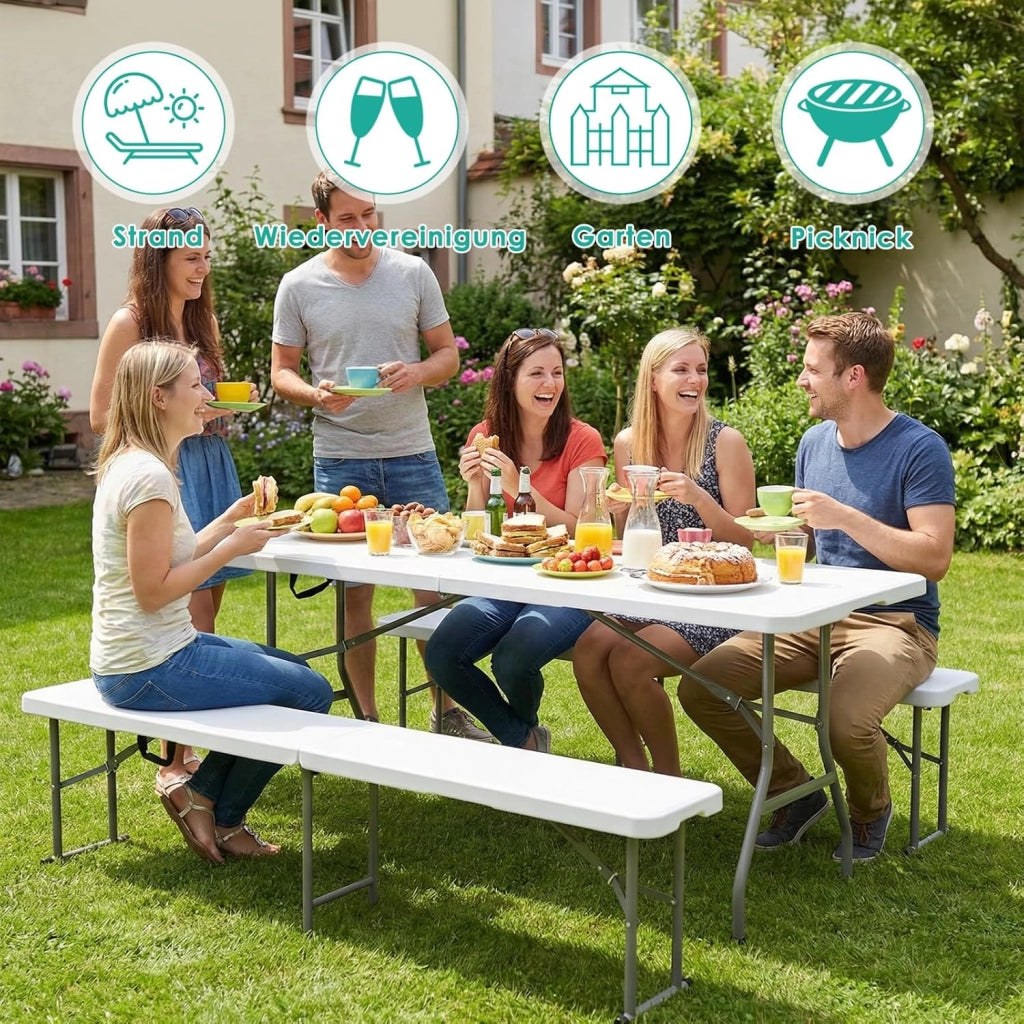 Set Tenda da Birra da 3 Pezzi 183cm, 1 Tavolo e 2 pcs Panche Pieghevoli, Set di Mobili da Giardino in Plastica HDPE, Set Birreria con Manico di Trasporto, per Campeggio Picnic Esterno, Bianco
