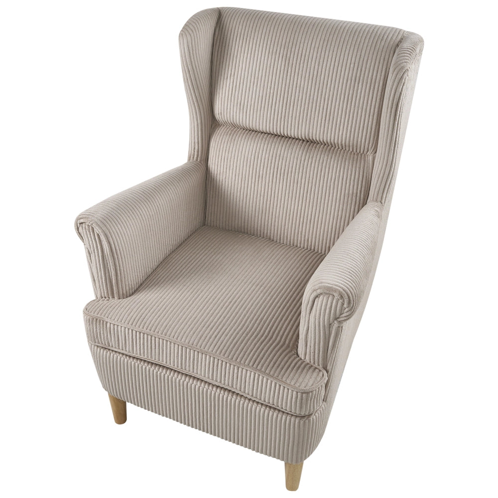 Poltrona Wingback Rivestimento in velluto a coste beige Schienale alto Gambe in legno Soggiorno tradizionale retrò