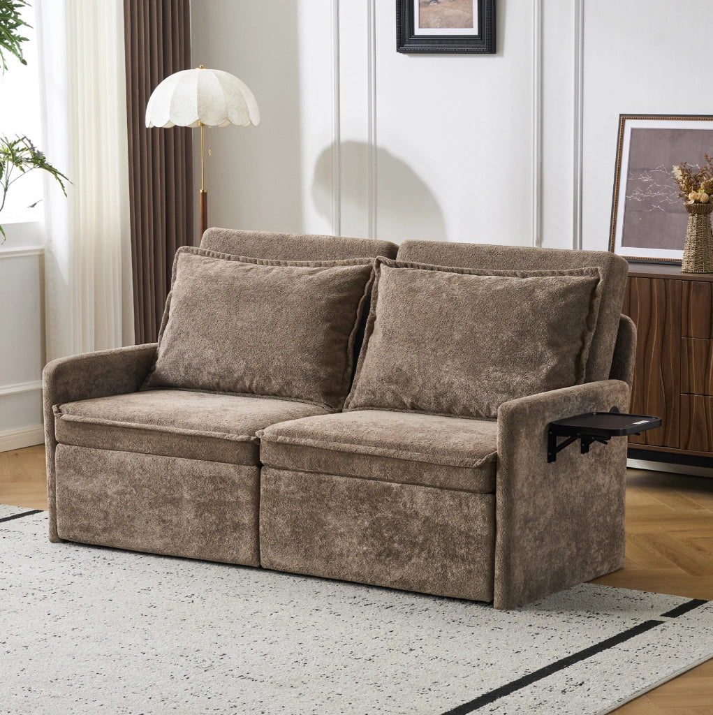 Divano letto pieghevole con funzione dormire, tessuto chenille marrone, con cuscini e porta USB integrato