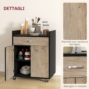 Carrello da Cucina con Armadietto e Cassetto 60x40x77 cm in Legno Nero