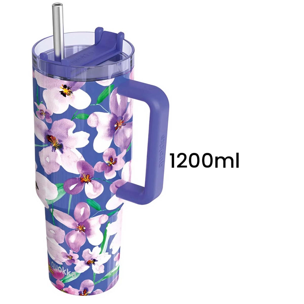Bicchiere Termico 1200 ml con Cannuccia con Motivo Floreale Viola Quokka