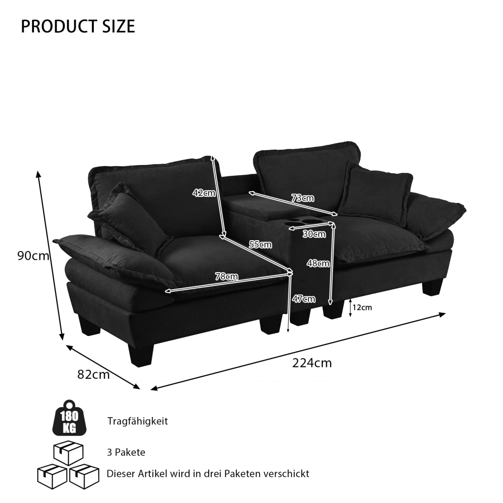 Scaffale modulare con braccioli rimovibili, porta bicchieri, vani portaoggetti e porte USB, in chenille nero 224 × 82 × 90 cm