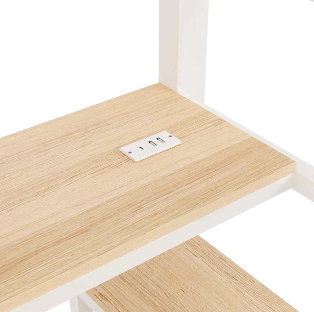Letto a soppalco 140x200 cm con scrivania, ripiani, LED e prese USB