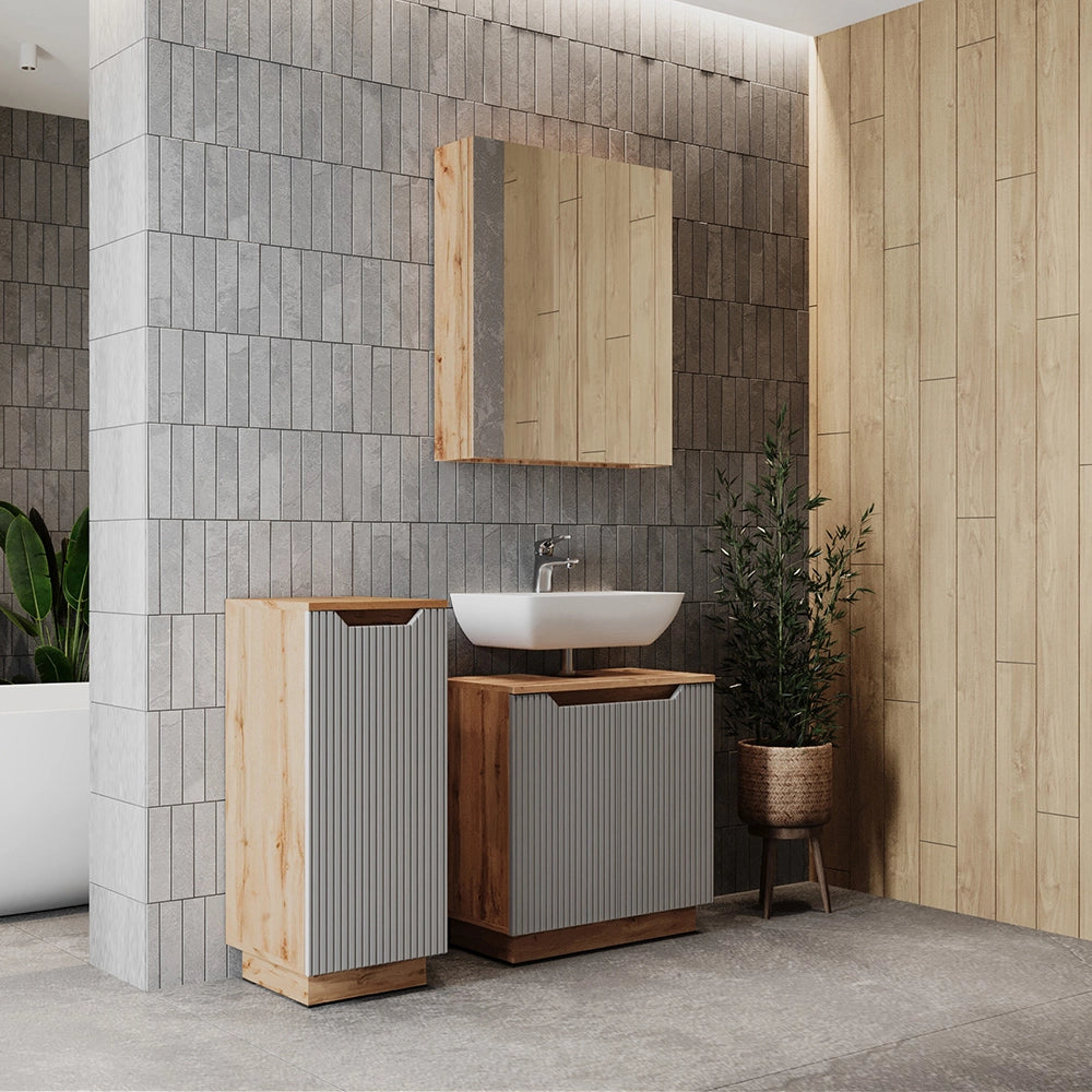 Vicco Set di mobili da bagno Rovere/grigio a righe 3 parti