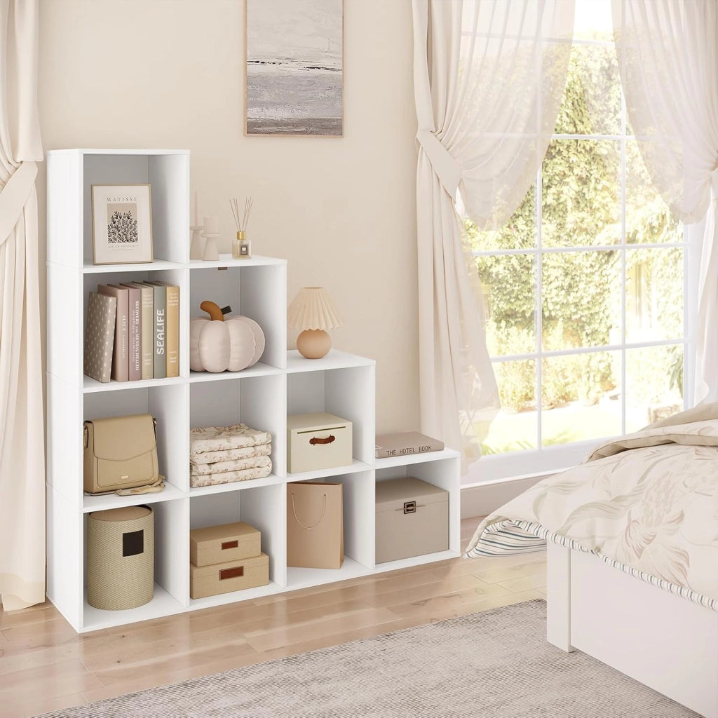 Scaffale per Libri, Scaffale per Scale Con 10 Cubi, Libreria in Legno Ingegnerizzato Bianco, per Camera da Letto, Soggiorno, Studio, Ufficio, 120x30x120cm, SK062ws