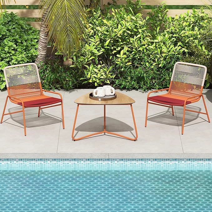 Set Salotto da Giardino in Rattan PE, con 2 Sedie e Tavolo Laterale in Legno-Plastica, Set Bistro per Balcone, Portico e Cortile