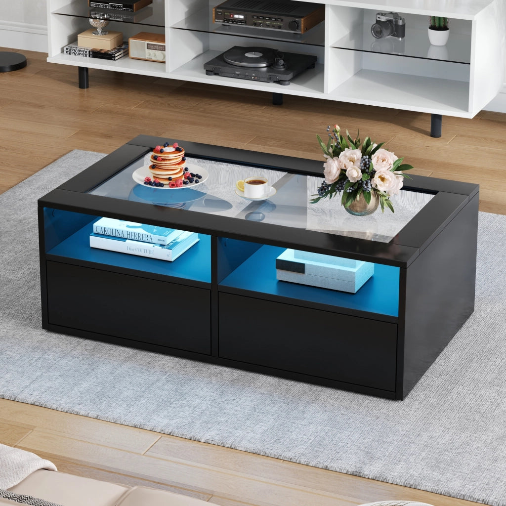 Tavolino da caffè con 2 cassetti; LED e USB - per soggiorno - 100x50x35 cm - nero
