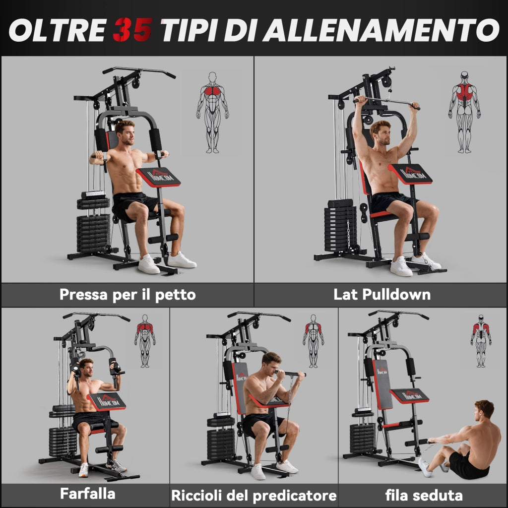 Power Tower con Pesi fino a 65 kg per Workout, in Acciaio e PU, 135x103x210 cm, Nero e Rosso