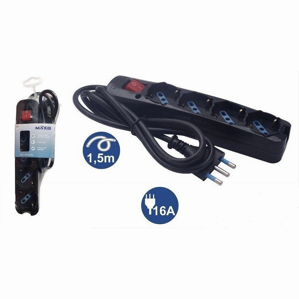 Trade Shop - Multipresa 4 Uscite Universali Schuko Spina 16a Cavo 1.5mt Nero Interrutore 80097n -