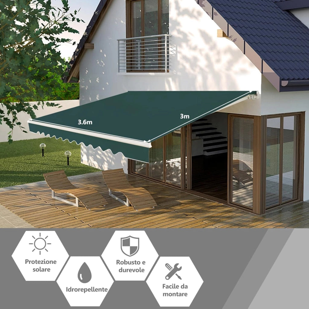 Tenda da Sole per Esterno Avvolgibile 3,6 x 3 M, Tenda da Sole a Bracci Estensibili con Telaio in Alluminio, Tettuccio Resistente al Sole e Impermeabile e Manovella (3,6 x 3 M, Verde)