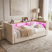 Divano letto imbottito 90/180 x 190 cm beige con LED, prese e vani contenitore
