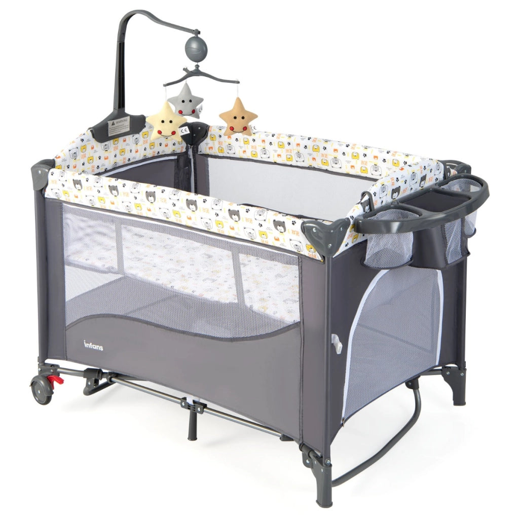 Culla 5-in-1 con materasso cambio pannolini carillon e giocattoli appesi, Dondolo portatile per neonati Grigio-Culle