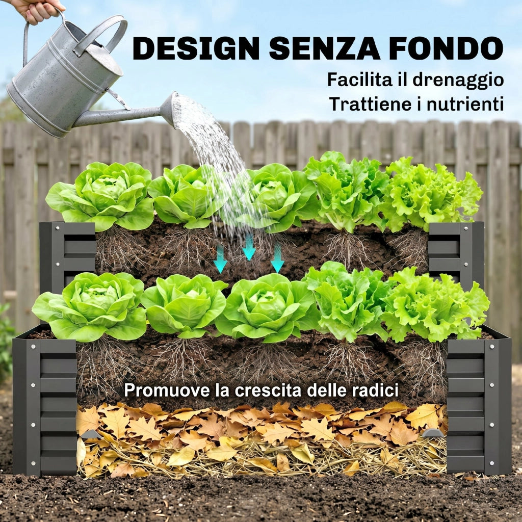 Letto per Orto Rialzato a 2 Livelli in Acciaio con Fondo Aperto, 120x101x58cm, Grigio Scuro