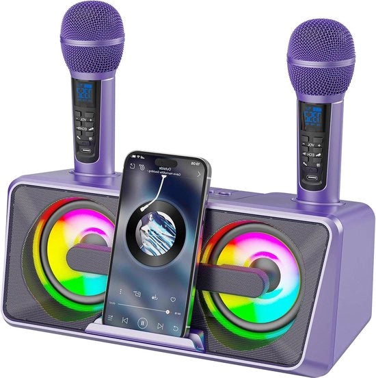 Macchina karaoke con 2 microfoni a radiofrequenza - Altoparlanti Bluetooth - Sistema PA con luci da discoteca - Supporto per telefono per feste e picnic