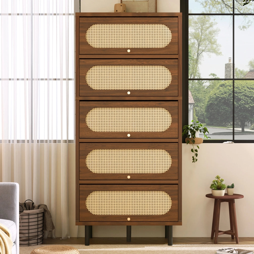 CREDENZA 80x40x163 cm Nussbaum con Rattan e 5 ante a ribalta